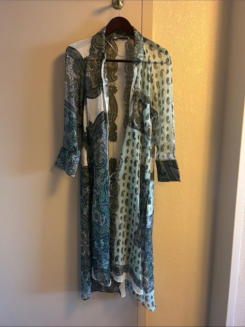 Zara Sheer Maxi Shirt Dress in Teal and Light Mint